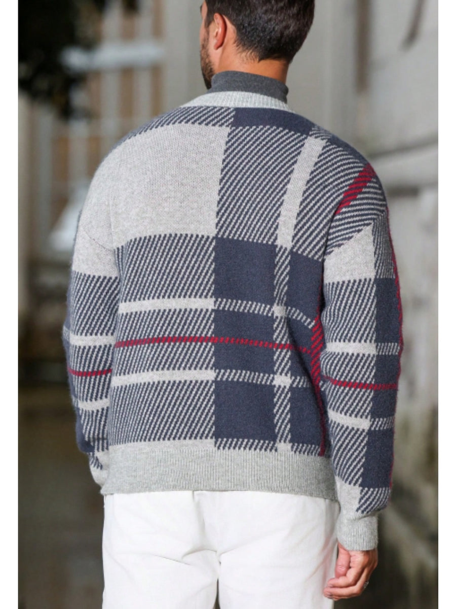 JANE DRESSINGLOG Men's Retro British Plaid Style V-neck Knitted Cardigan with Contrasting Colors, Large Plaid Single Breasted Loose Long Sleeved Sweater Jacket for Autumn and Winter Business Commuting, Daily Dating Outfits - Silvery Grey