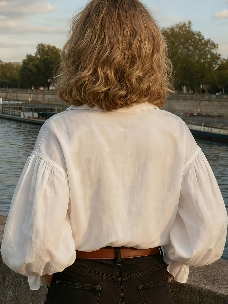 Women's White Lapel Shirt, Loose Puff Sleeve Blouse, Casual Long-sleeve Top, Elegant French-style Women's Shirt - White