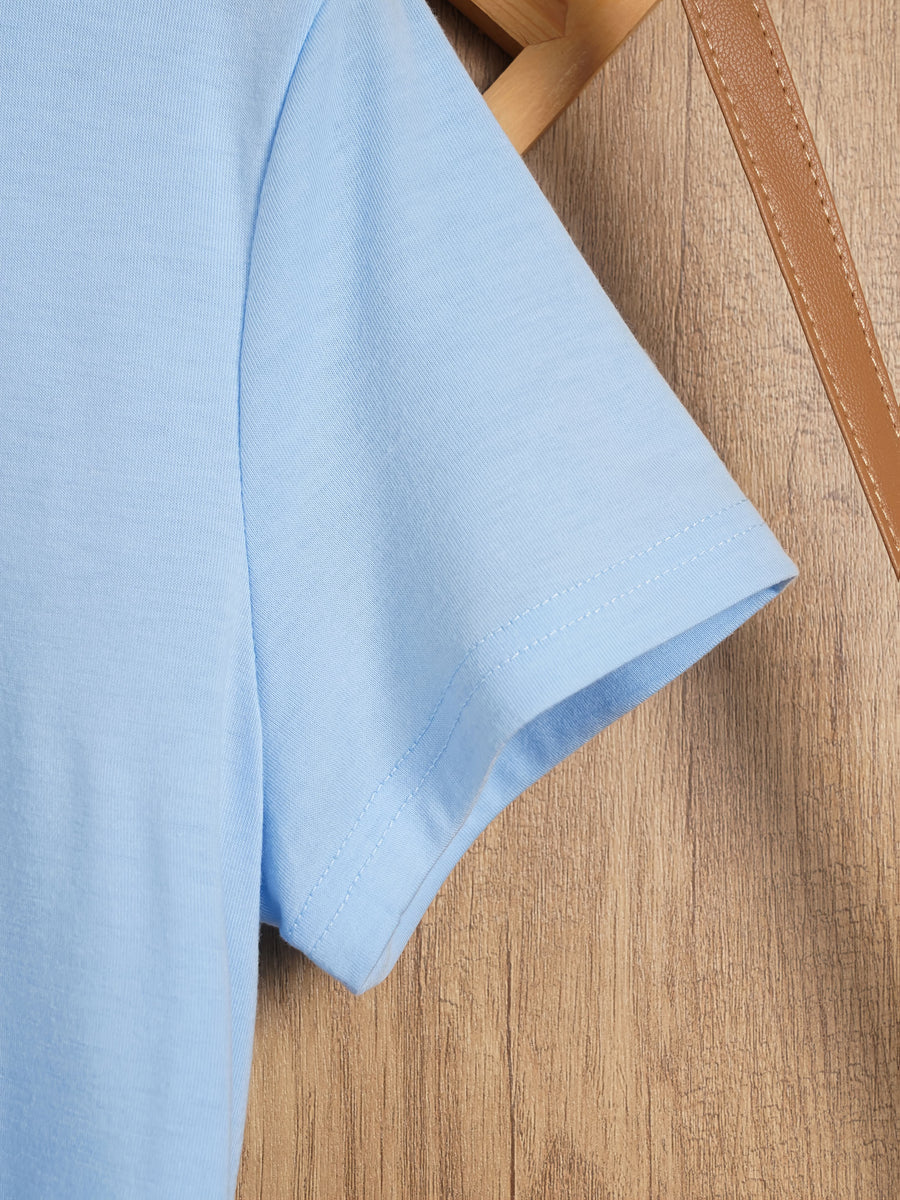 Sunflower Pattern Print - with Bow Design - Casual Round Neck, Short Sleeve, Spring/summer Fashion T-shirt - Light Blue