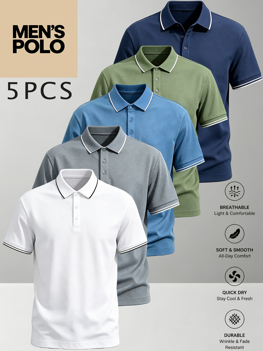 5pcs Set of Men'S Classic Short-Sleeve POLO Shirts, Breathable And Wrinkle-Resistant Casual Golf Tops, Multiple Color Combinations, Easy And Elegant, XS-XXL Plus Size Men'S Clothing, Quality Guaranteed, Meeting Daily Needs - White+Grey+Blue+Green+Navy