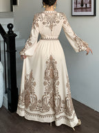 Women'S Elegant Paisley Print Long Sleeve Maxi Dress, V-Neck Bohemian Style Long Shirt Robe, Retro Floral A-Line Party Dress, Dignified Long Dress - Apricot Brown