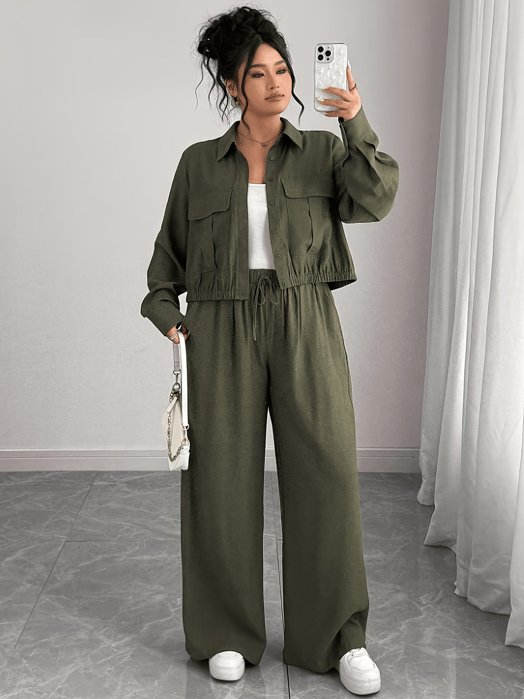 Plus Size Women'S Solid Color Autumn Casual Two-Piece Home Wear, Hidden Placket Long Sleeve Shirt And Elastic Waist Long Pants Set - fern green