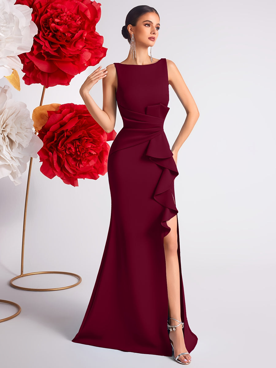 2025 Solid Color High Waist Pleated Ruffle Trim Slit Backless Prom Party Evening Gown Dress - Burgundy