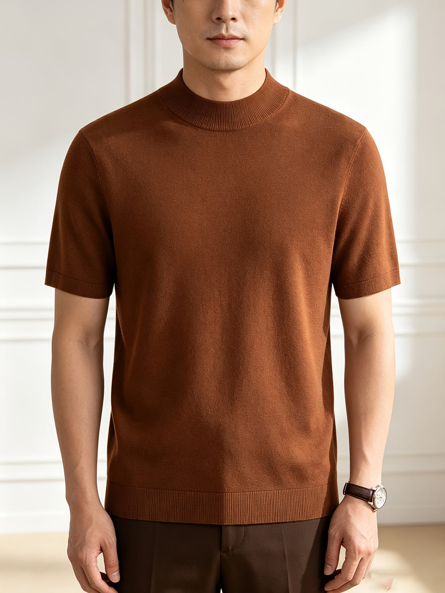 Men'S Solid Mock Neck Short Sleeve Knit Sweater, Soft Skin-Friendly Wool Blend Pullover, Stretch Slim Fit Basic Knit Top, Rib Neck Cuff, Business Commute Daily Casual Shirt, Versatile Inner And Outer Wear Men Base Layer - Mocha Brown