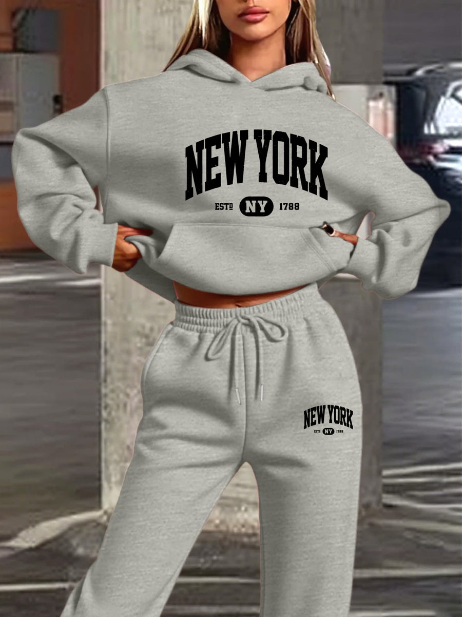 New York Print Women's Hooded Sweatshirt and Pants Set, Long Sleeve Casual Hoodie Set, Y and Casual Sweatshirt, Loose Fit, Machine Washable, All-Season Comfort, Daily Wear Apparel - Light Grey