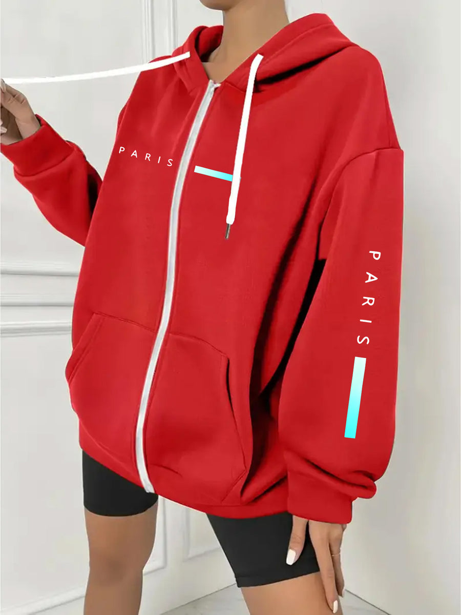 Plus Size - Plus Size - Plus Size Women'S Casual Autumn And Winter Letter Print Sweatshirt, Long Sleeve Pocket Hooded Zip Jacket, Women'S, Hoodie - Red