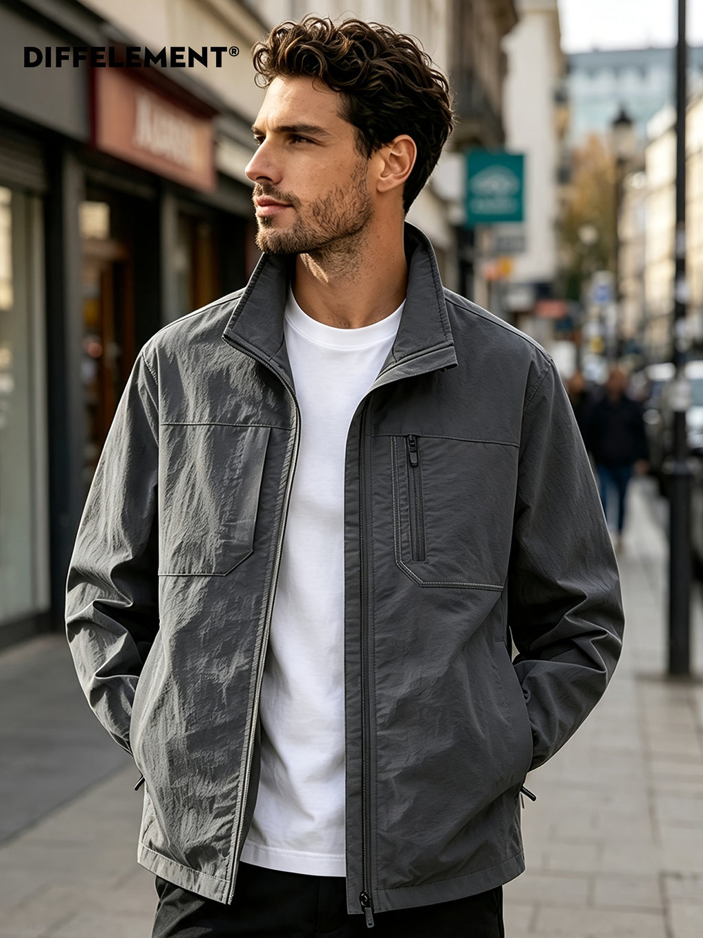DIFFELEMENT Men'S Stand-Collar Tech Cargo Jacket, Lightweight Breathable Woven Fabric Windproof High Collar Full Zipper Front with Large Pockets And Dual Storage Design, Regular Fit for City Commute, Outdoor Hiking, Daily Layering, Casual Scenarios - Dark Gray