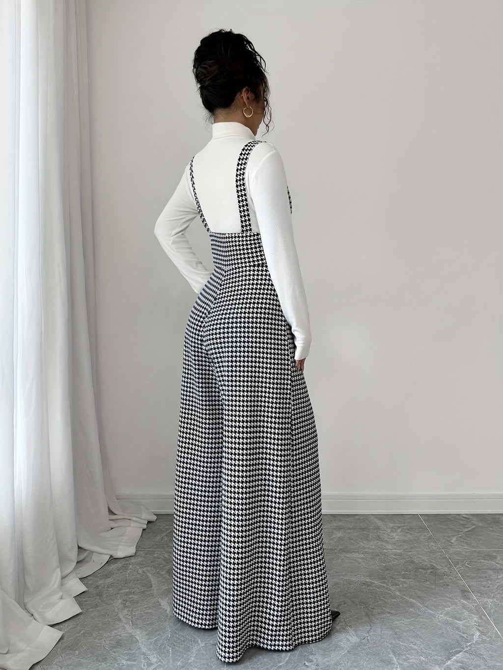 Elegant Women's Houndstooth Print Spaghetti Strap Wide-Leg Jumpsuit - Black