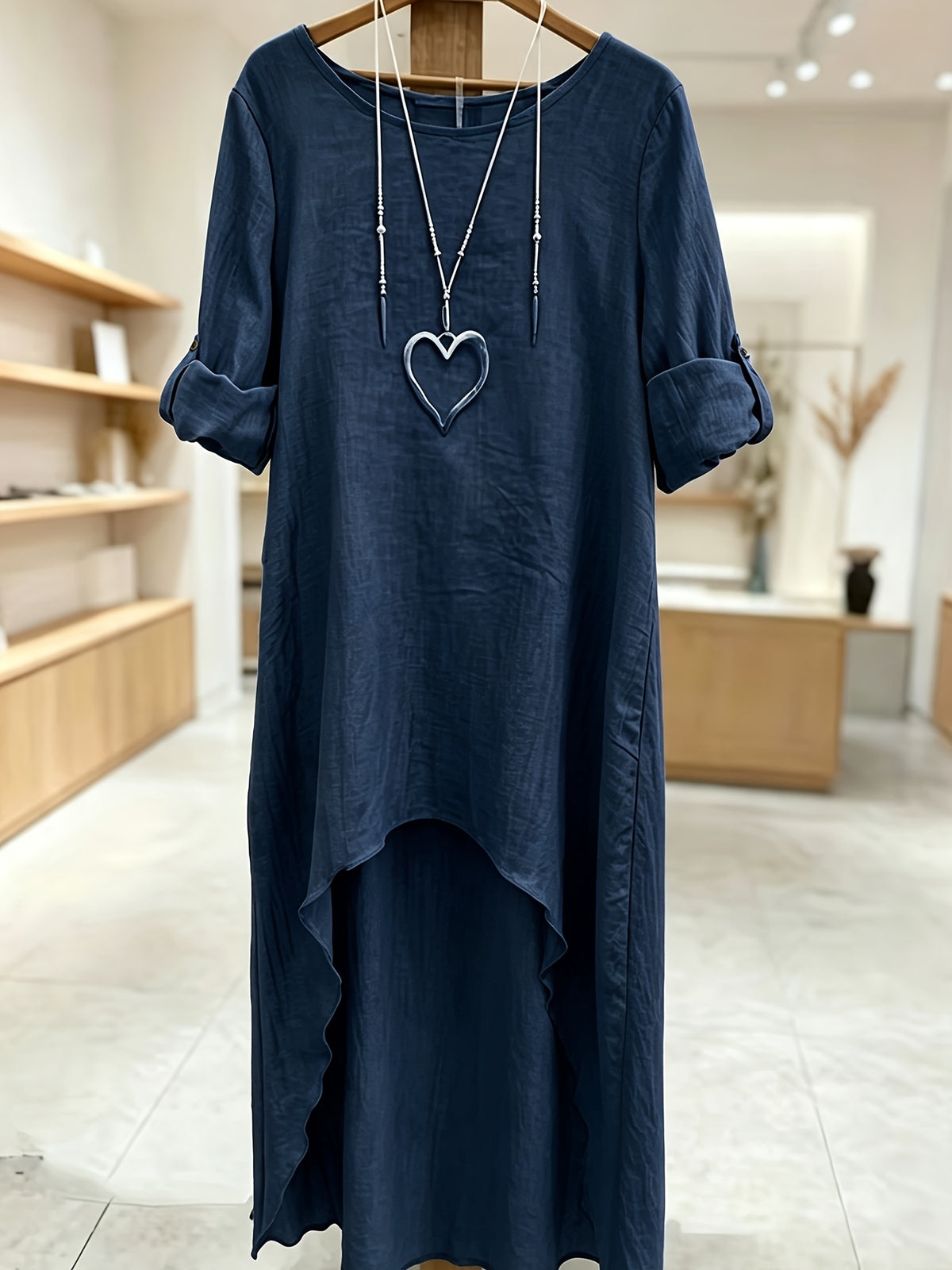 Women' Elegant Asymmetric Oversized Shirt - Loose Fit Long Sleeve Round Neck Blouse with Short Front & Extended Back Length, Layering Piece Suitable for Spring/Fall, Casual to Dressy Wear (No Stretch) - Navy Color