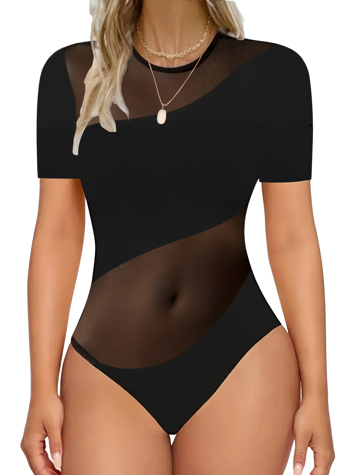 Women'S Fitted Top with Lace Panels, Suitable for Layering Or Swimwear - Black