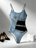 Y2K Digital Print Denim-Patterned Bodysuit with Thin Straps and U-Neckline, a Fitted Base Layer Top - Mixed colors