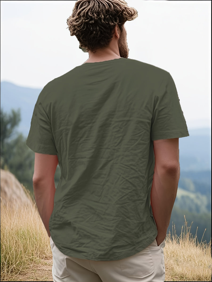 Men's Casual T-Shirt, Versatile Summer Short-Sleeve Top, Fashionable Solid Color Sweatshirt, Crew Neck with Drawstring Design - Lightweight and Breathable, Machine Washable, Suitable for Daily Wear and Outdoor Leisure - Military green1
