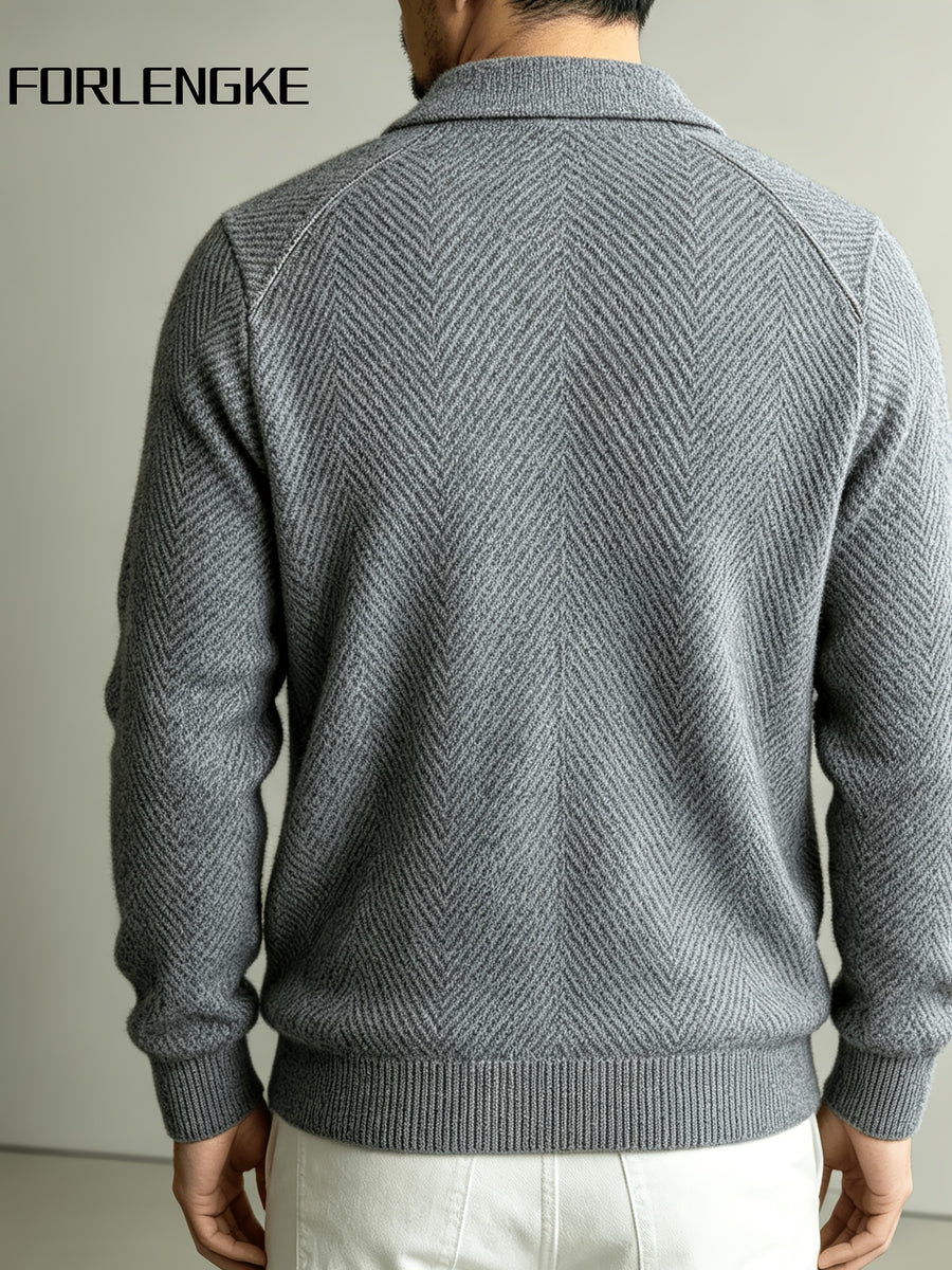 FORLENGKE Autumn Winter Men'S Lapel Zipper Knit Jacket, 3D Jacquard Textured Heavy Sweater Cardigan, Soft Skin-Friendly Thick Warm Long-Sleeve Top, Casual Commute Trendy Outerwear for Middle-Aged Men - Grey