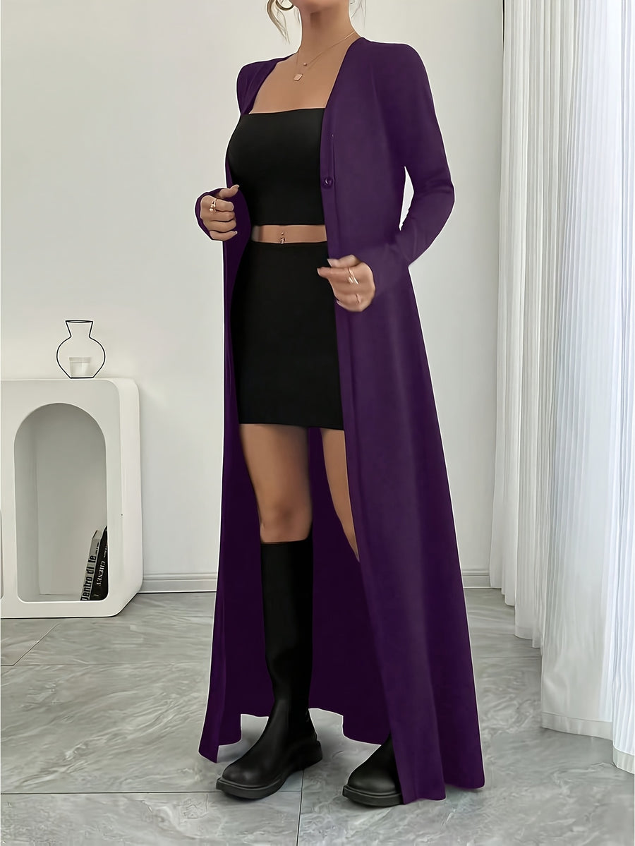 New Spring/Autumn Women's European and American Style Daily Solid Color Long Button-Up Cardigan, Long Sleeve, Slim Fit, Casual Commuter Outerwear - Purple