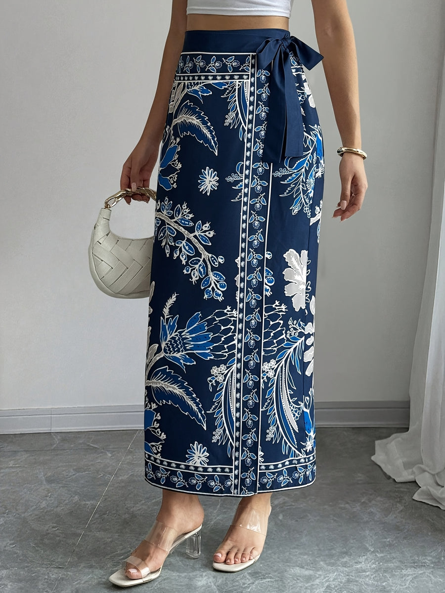 Women's Elegant Floral Print Wrap Tie Straight Skirt, Vacation Style - Navy Color
