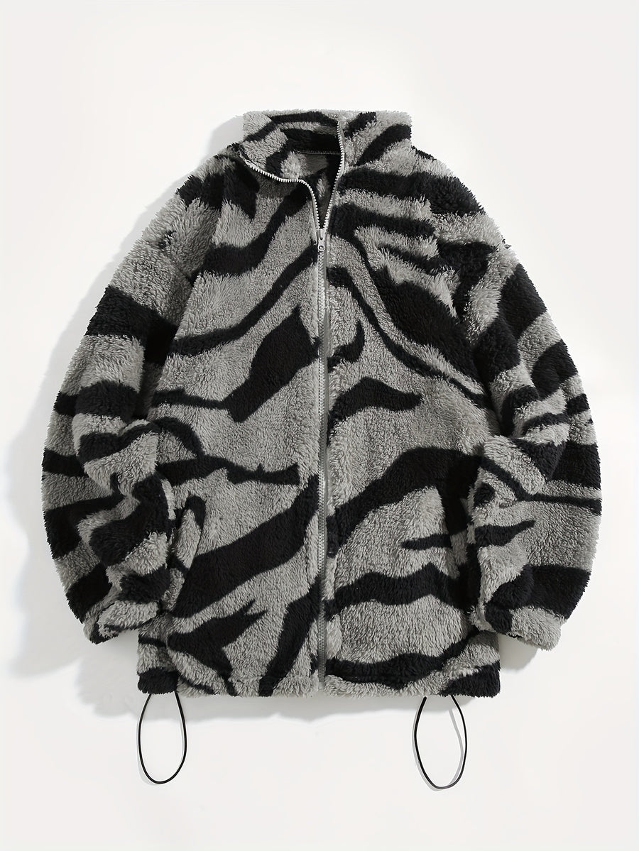 Women's Ethnic Print Microfleece Plush Zip-Up Jacket - Grey