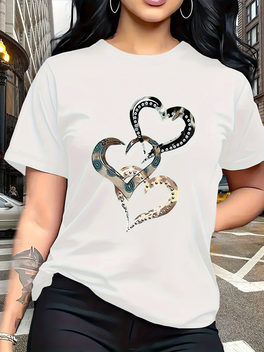 Emotion and Love" Representative, Metallic Art Heart Print Trendy Fashion, Simple Round Neck Casual Versatile Short Sleeve Women's T-Shirt for Leisure, Travel, and Vacation - White