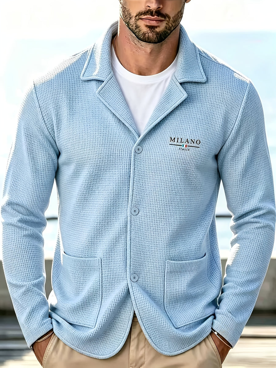 Men'S Spring Autumn New Waffle Check Blazer Collar Cardigan Single Button Double Pocket Business Casual All-Match Long Sleeve Jacket, Knit Soft Comfortable Fashion Solid Color Outerwear Suitable for Daily Outings, Dates, Holidays, And Travel - Blue (upgrade)
