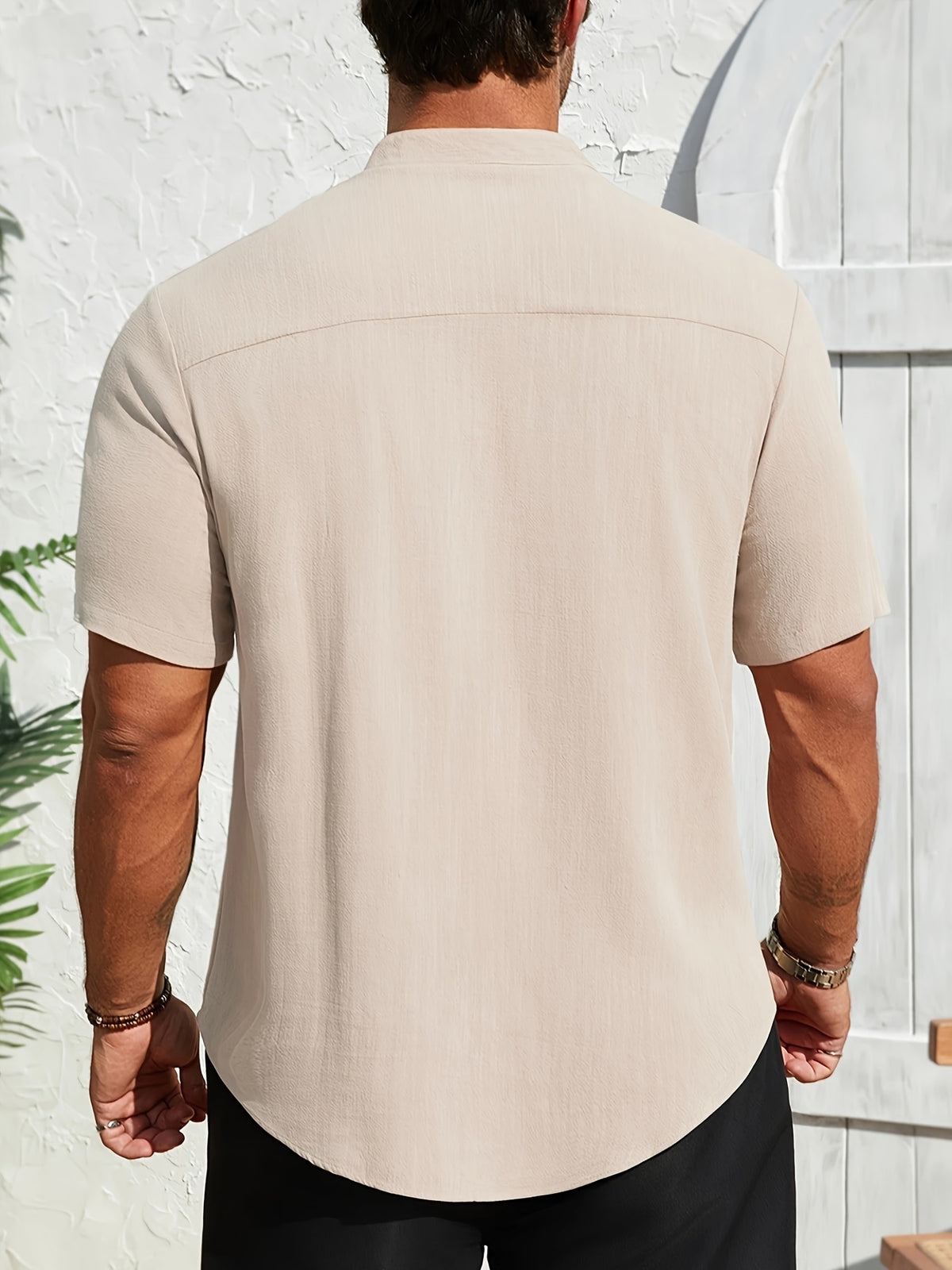 Solid Color Henley Shirt, New Summer Lightweight Solid Color Top, Casual And Comfortable Linen Henley Shirt, Comfortable Fabric, Suitable for Daily And Casual Wear - Apricot