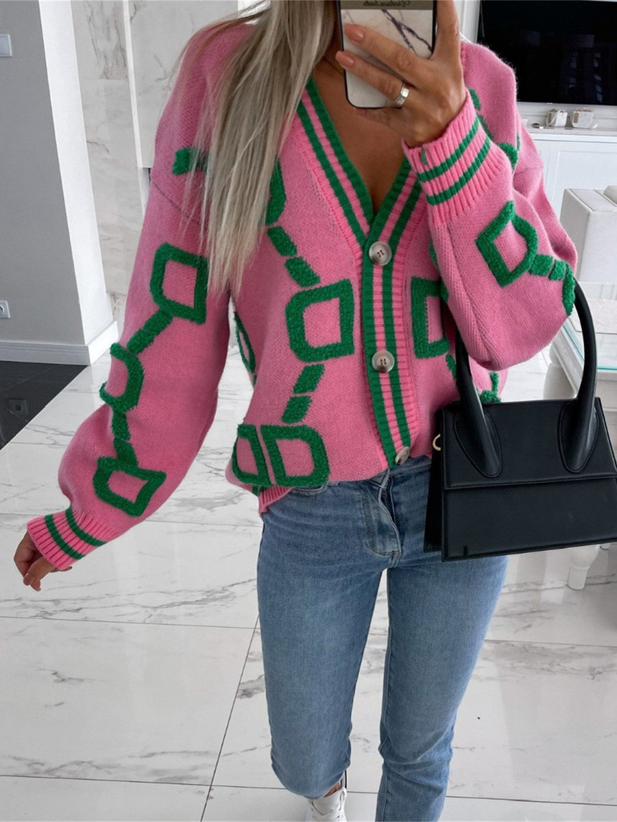 Western And American Autumn Winter New Plush Patchwork Contrast Color Sweater Cardigan Coat - Pink