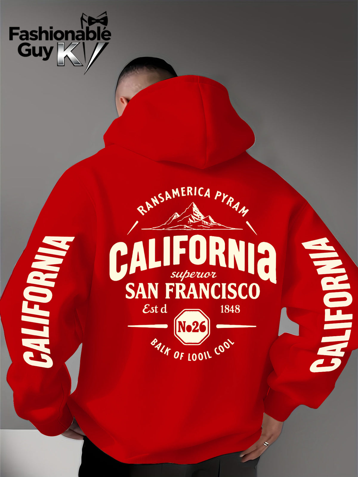 Hooded Sweatshirt with Street Culture Symbols: Featuring a "CALIFORNIA" Print That Embodies the Grandeur of the Wilderness and the Pioneering Spirit, This Sweatshirt Serves as an Exclusive Symbol for Street Culture Enthusiasts to Connect - Red