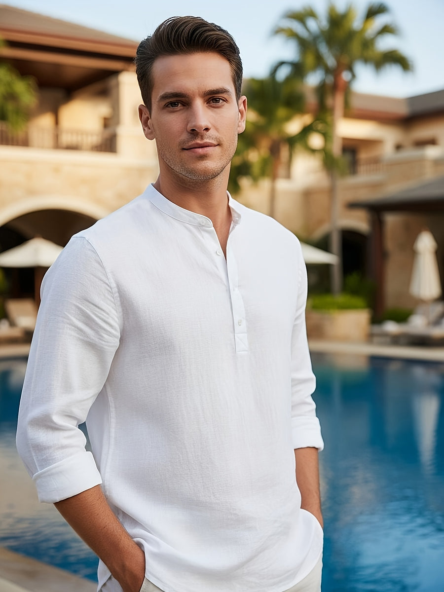 Men'S Linen Material Small Lapel Design Half-Open Button-Up Pullover Style Solid Color Casual Long Sleeve Shirt Suitable for Vacation Travel And Other Activities - White