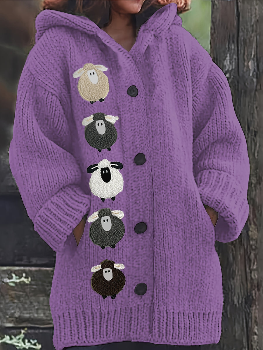 Winter Women's Elegant Hooded Oversized Outerwear Jacket, Multi-Color Little Lamb, Chunky, Soft, Thick, Beautiful, Stylish, Comfortable, Casual, Vintage, Commuting Cardigan, Gift - Light Purple