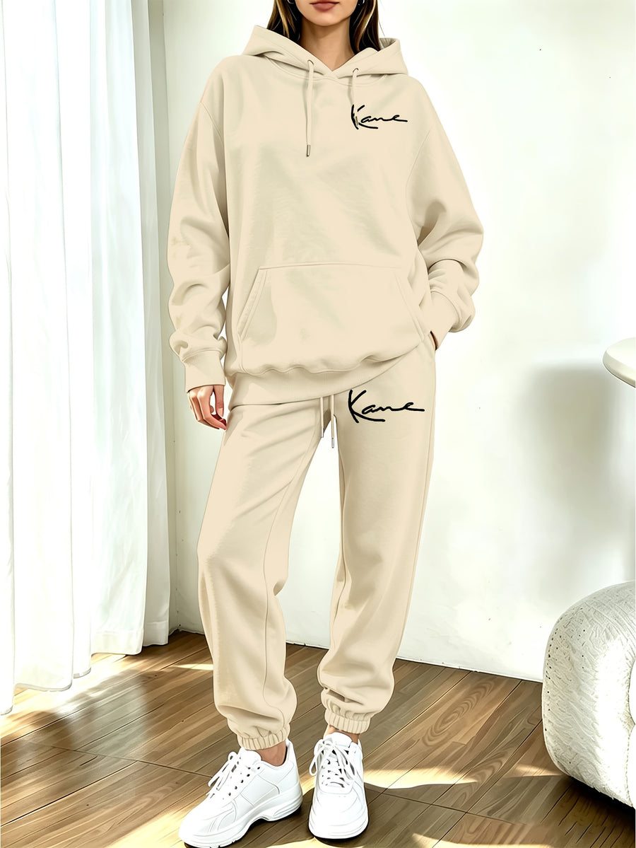 Autumn Winter Trendy Fashion Hooded Drawstring Sweatshirt And Jogger Pants Women'S Set, Hooded Drawstring Design, Front Kangaroo Pocket on Sweatshirt, Comfortable Wear for Cold Weather, Classic Silhouette, Comfortable Fit - Apricot 1