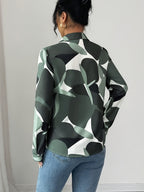 Elegant Green Floral print Button- Shirt with Collar - Loose Fit Long Sleeve Blouse, Machine Washable for Year-Round Casual & Professional Wear - Olive Green