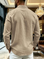 Men's Henley Shirt in Linen with Long Sleeves, Featuring Comfortable and Breathable Fabric with Trendy Printed Designs. Suitable for Daily Outings, Outdoor Sports, Travel, and Vacations. Lightweight and Breathable with a Regular Fit, Chest Pocket - Khaki