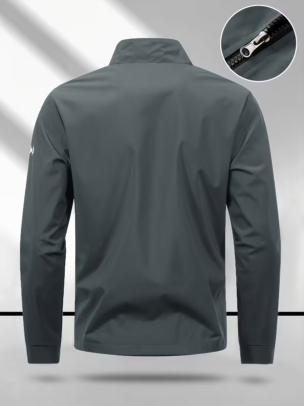 Men's Stand Collar Jacket with Color-blocking White Stripe Design and Logo, Business Casual Versatile Lightweight Windbreaker, Trendy Slim Fit Zip-up Sports Jacket, Suitable for Daily Work Wear. - Dark Gray
