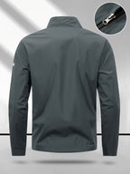 Men's Stand Collar Jacket with Color-blocking White Stripe Design and Logo, Business Casual Versatile Lightweight Windbreaker, Trendy Slim Fit Zip-up Sports Jacket, Suitable for Daily Work Wear. - Dark Gray