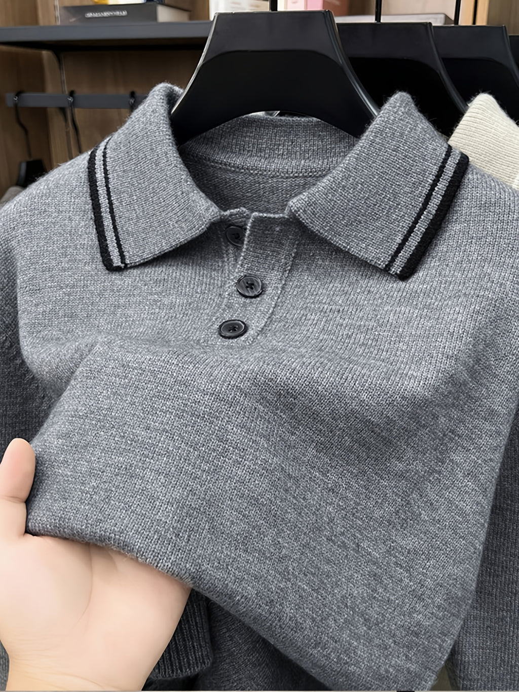 Men'S Lapel Long Sleeve Knit Sweater, Ribbed Cuffs And Hem, Versatile for Casual And Business Wear - 【Light Grey】