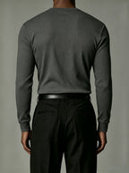 [Josh Mei OBM] Western Minimalist Men'S White Henley Shirt, Premium Gray Texture V-Neck Top, Urban Gentleman Casual Commute Wear - Dark Gray