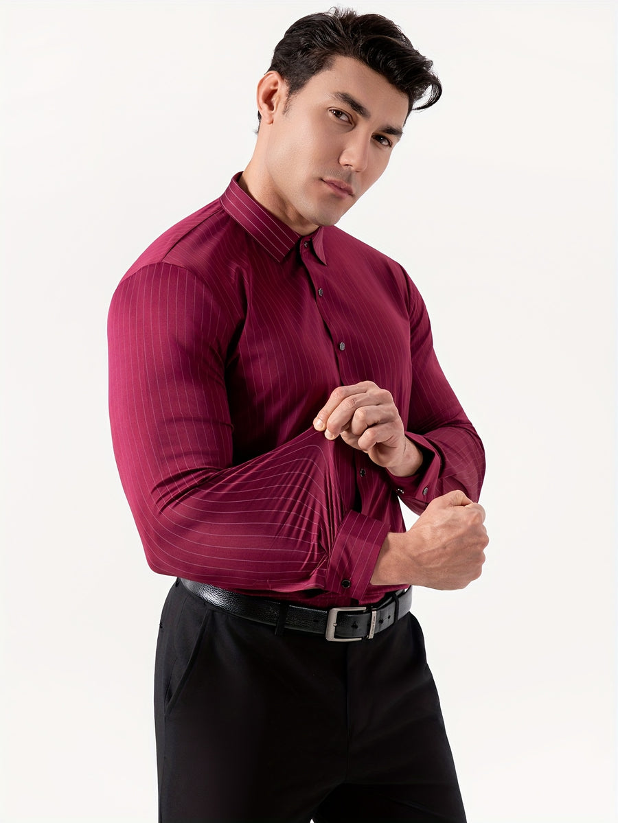 Seamless High-Elasticity Pressed Hem Wrinkle-Free Men's Long-Sleeve Striped Fashion Casual High-End Button-Up Cardigan Four-Way Stretch Men's Top, Fabric Weight 160g, Material 88% Polyester Fiber 12% Spandex - Wine red strip