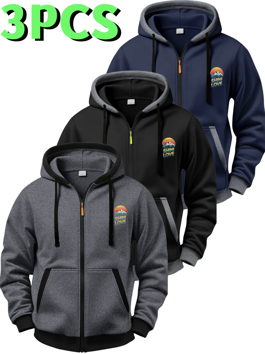 3pcs Set Vintage Sunset Mountain Peak Letter Small Print Zip-Up Hooded Sweatshirt for Men and Women, Spring/Autumn Contrast Trim Full-Zip Cardigan Jacket, Outdoor Mountain Style Loose Fit Casual 3pcs Versatile Zip-Up Hoodie Set - Teal+Black+Dark Gray