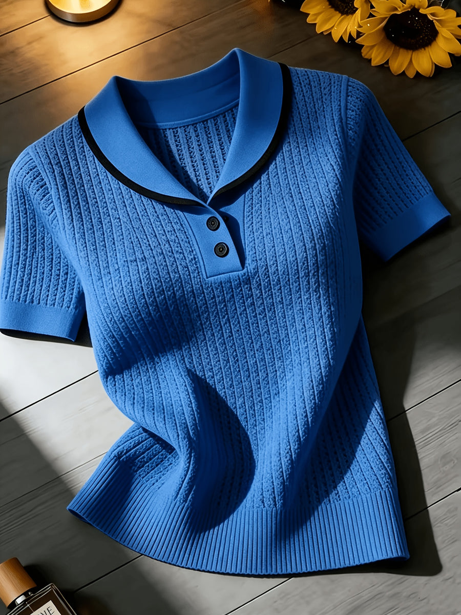 Women'S Summer Clothing Short Sleeve Solid Color Sweater, Lapel Hollow Out Design, Slim Fit Style Pullover, Spring Summer Season - Blue