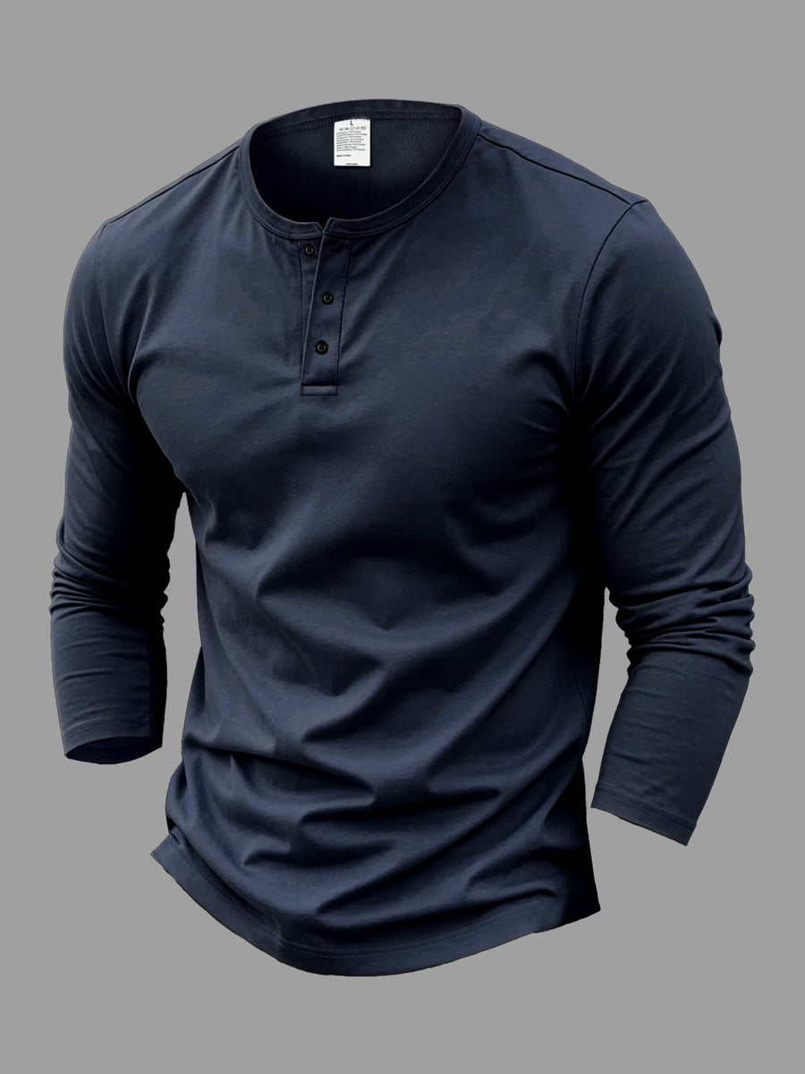 Men's Long-Sleeve Base Layer T-Shirt, Solid Color Henley Pullover - Navy Color