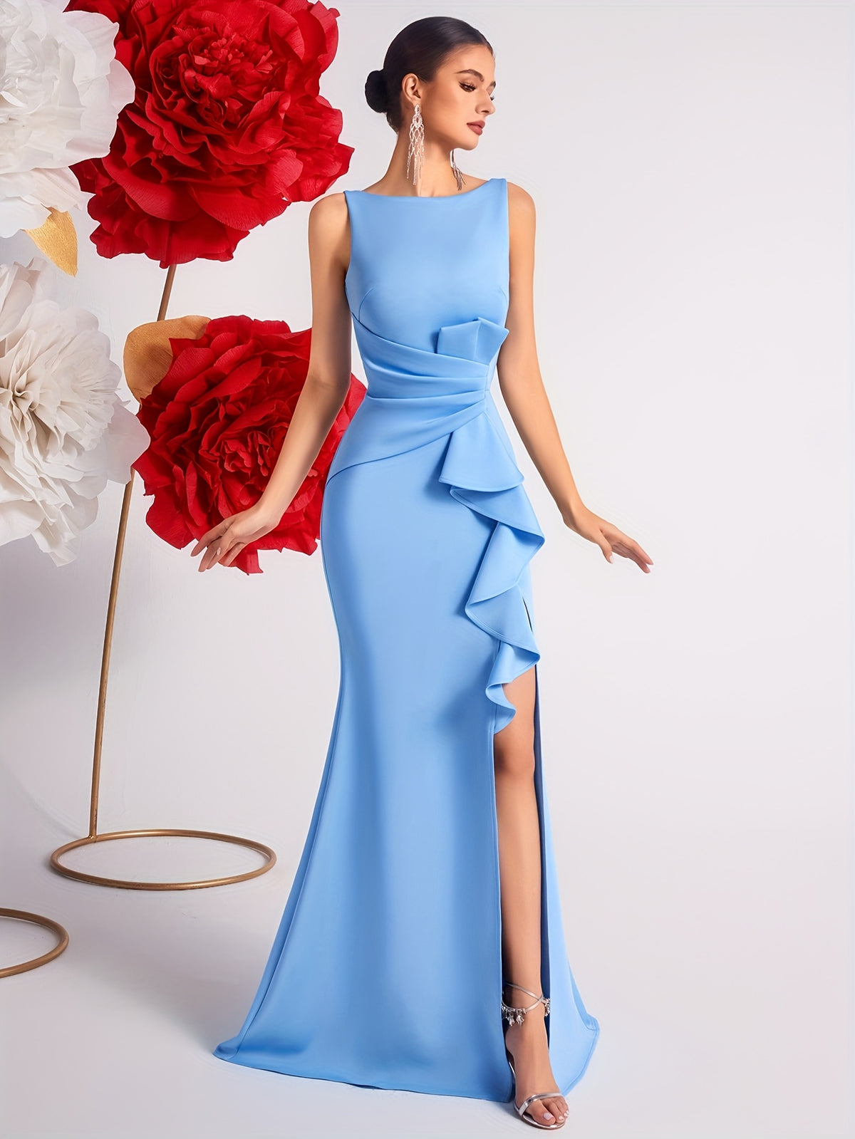 2025 Solid Color High Waist Pleated Ruffle Trim Slit Backless Prom Party Evening Gown Dress - Sky Blue