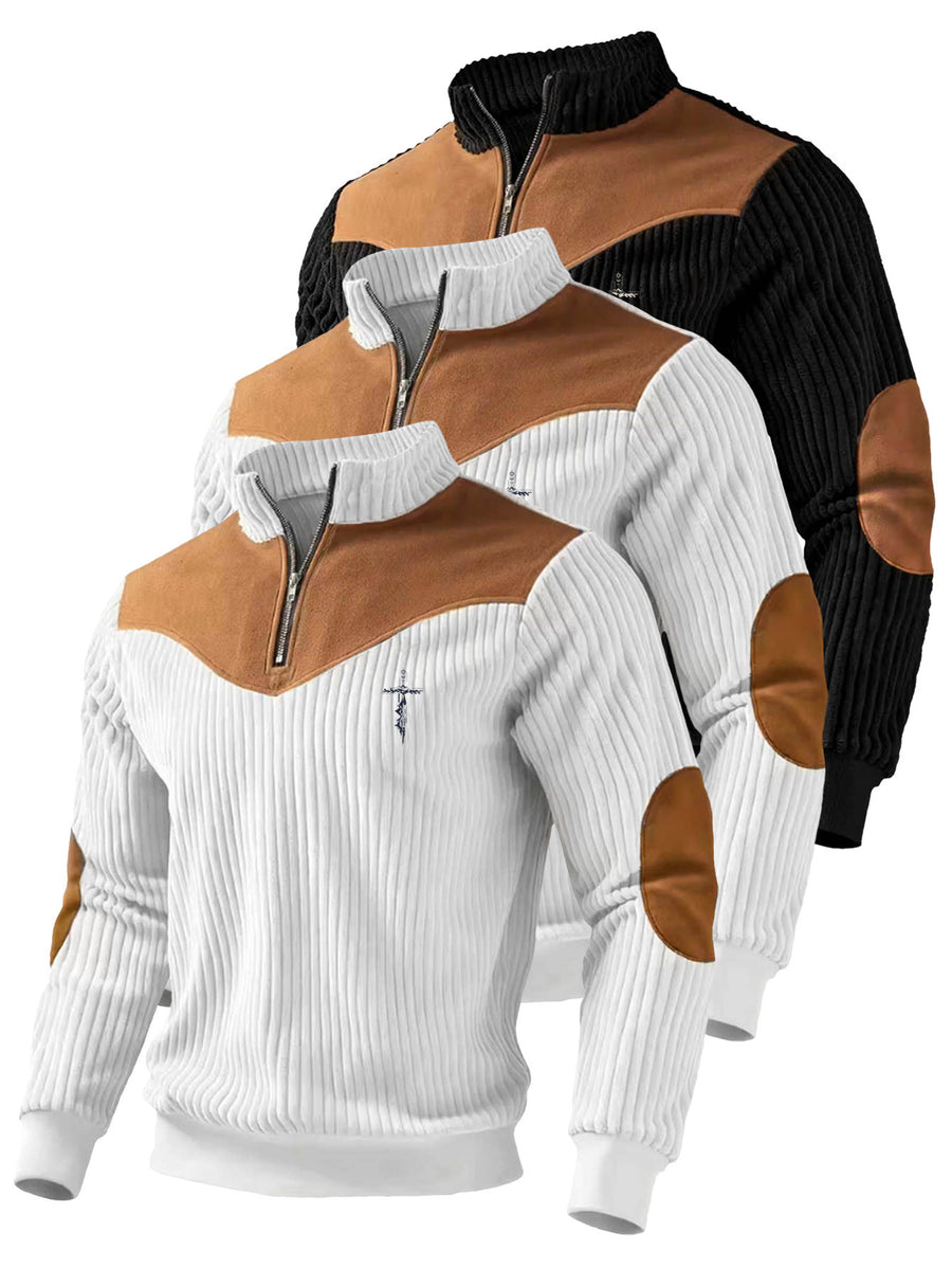 A 3pcs Men's Top Featuring Ribbed Cable-knit with Brown Block Design, Stand-up Collar, and Zipper Closure, Suitable for Both Daily Commutes and Formal Occasions, Offering a Casual yet Elegant Look - Black+white+white