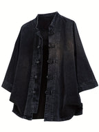 Xingmengzhi OBM Men's Denim Shirt, Three-Quarter Sleeve Loose Fit New Chinese Style Chinese-Inspired Button-Up Top, Stand Collar Thin Denim Cardigan - Black