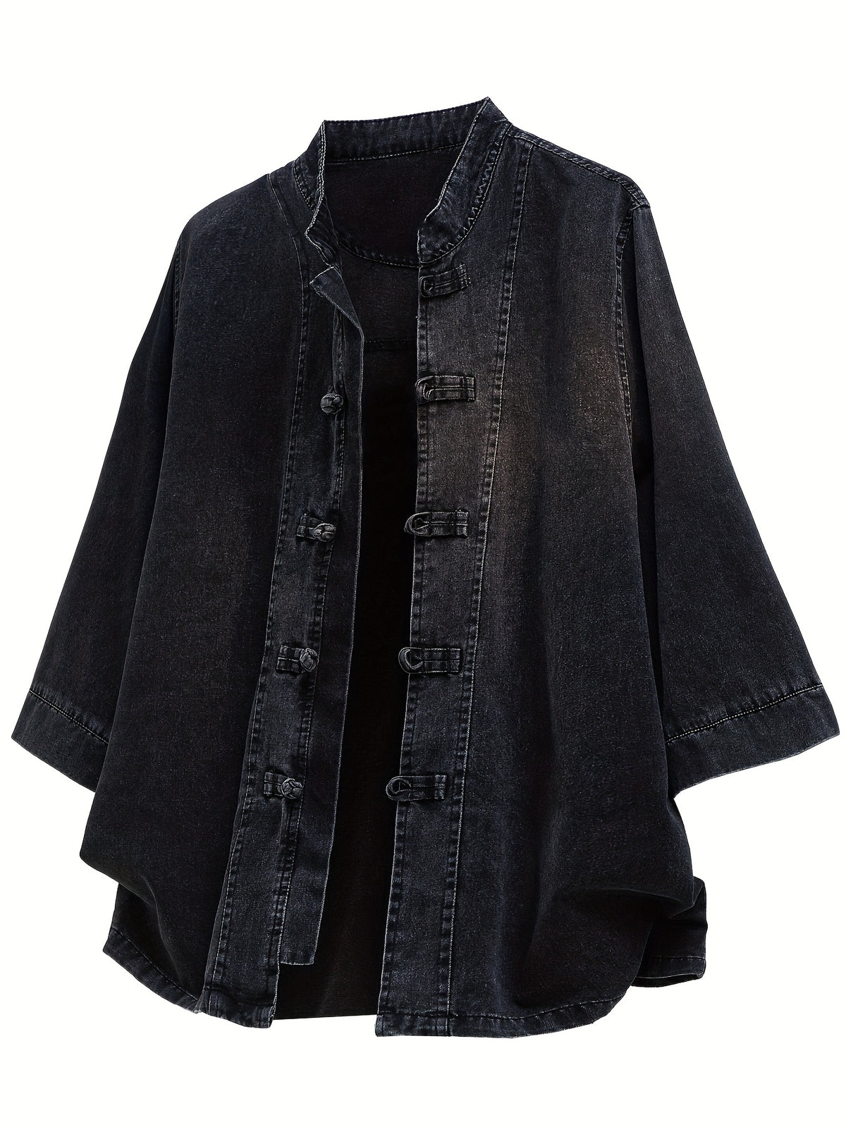 Xingmengzhi OBM Men's Denim Shirt, Three-Quarter Sleeve Loose Fit New Chinese Style Chinese-Inspired Button-Up Top, Stand Collar Thin Denim Cardigan - Black