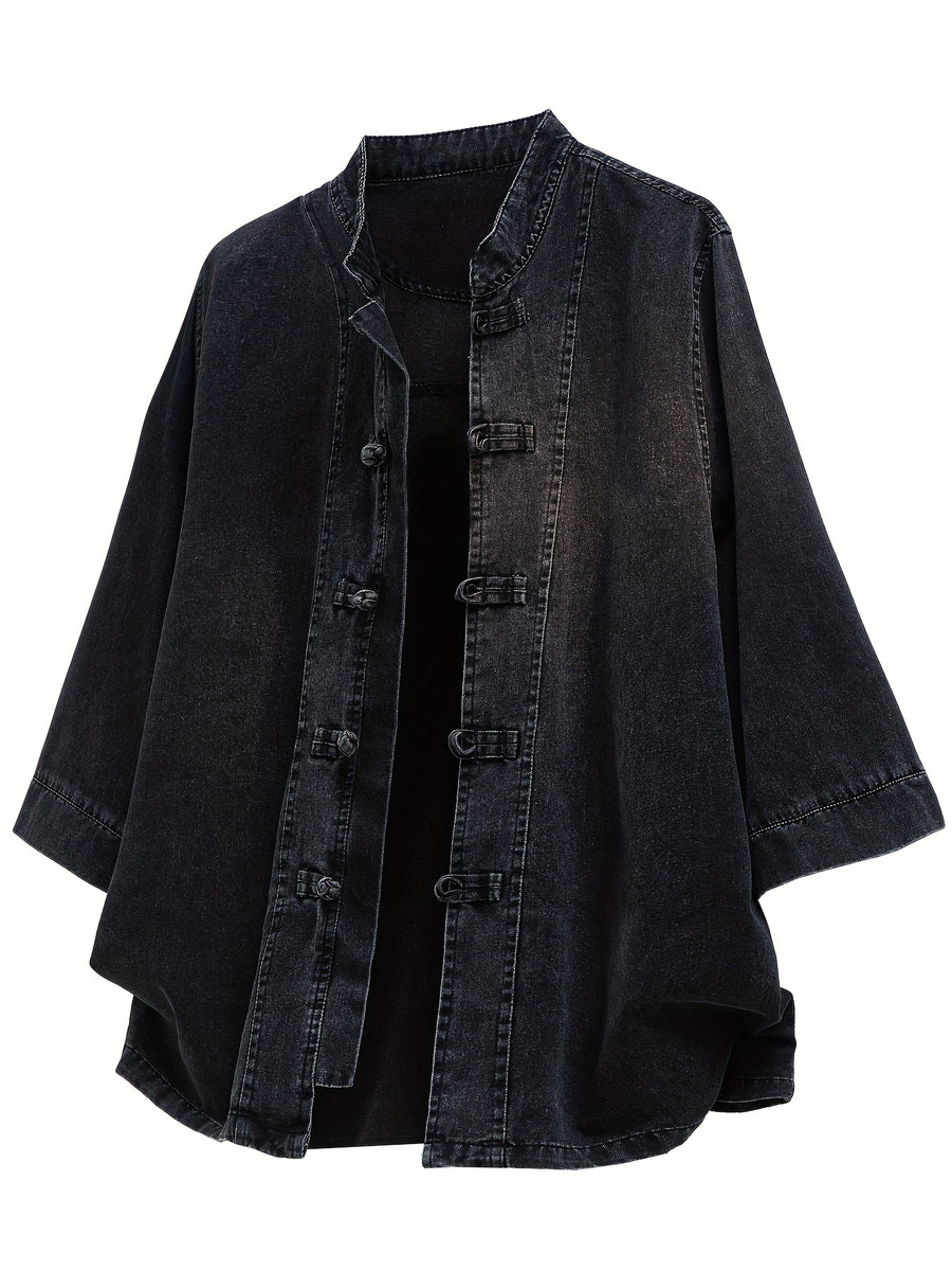 Xingmengzhi OBM Men's Denim Shirt, Three-Quarter Sleeve Loose Fit New Chinese Style Chinese-Inspired Button-Up Top, Stand Collar Thin Denim Cardigan - Black