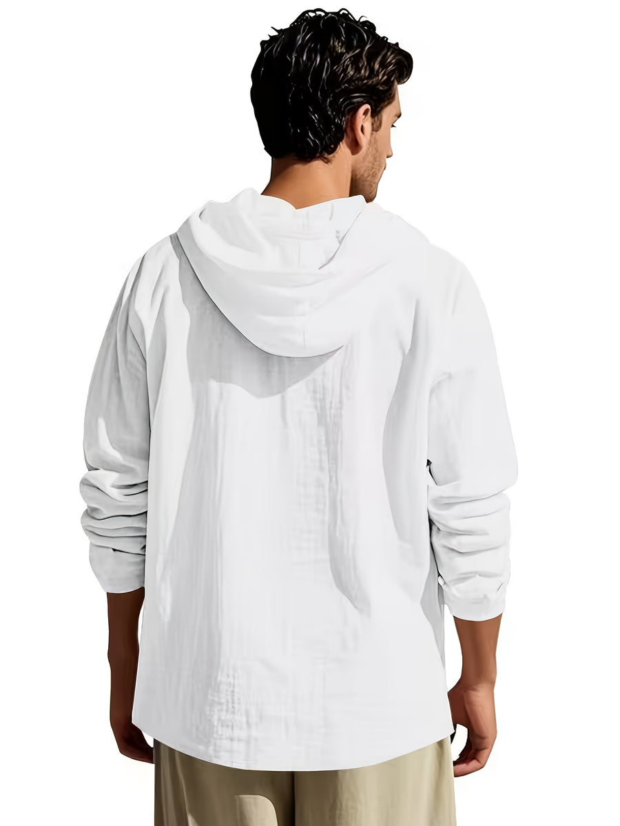 Men's Lightweight Summer Linen Hooded Top, Casual Breathable Henley Neck Hoodie, Versatile Everyday Casual Top - White