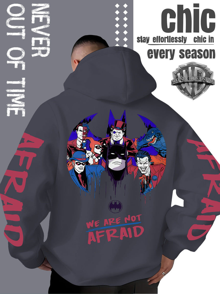 Men'S Batman Hooded Sweatshirt, Cool Graphic Print with Hero And Villain Characters, English Slogans And Sleeve Graffiti, Classic Meets American Dark Streetwear, Fall/Winter Comfortable Long Sleeve, Trendy Street Style for Men - Dark Gray