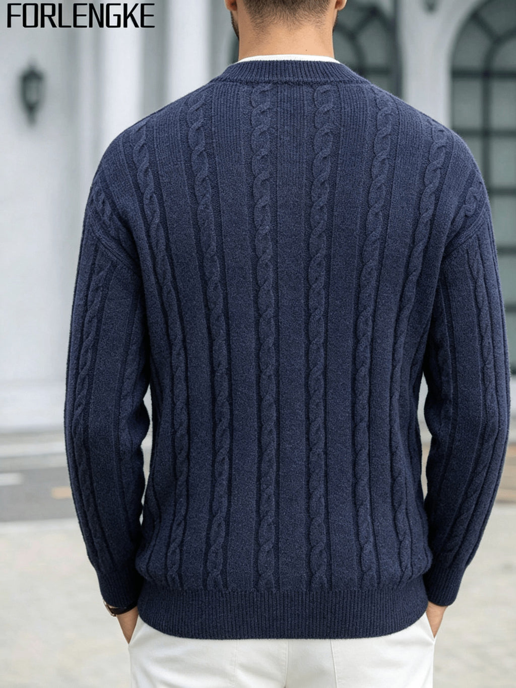 FORLENGKE 2026 New Men's Business Casual Crew Neck Cable Knit Sweater, Soft Warm Long Sleeve Pullover for Fall Winter Office Daily Wear - Navy Color