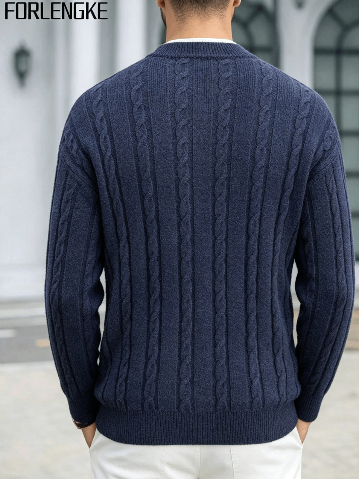 FORLENGKE 2026 New Men's Business Casual Crew Neck Cable Knit Sweater, Soft Warm Long Sleeve Pullover for Fall Winter Office Daily Wear - Navy Color