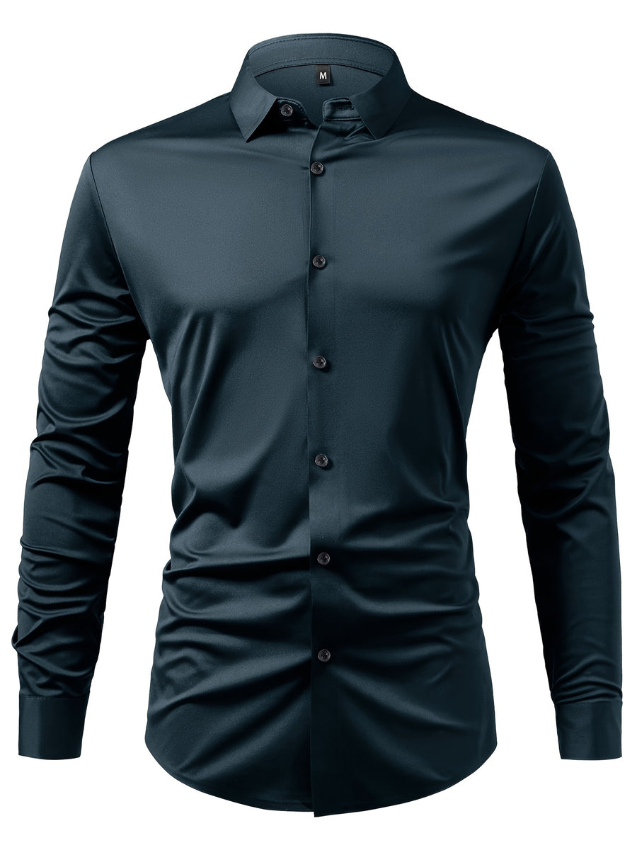2pcs Set of Seamless Pressure Adhesive High-Elasticity Non-Iron Men'S Dress Shirt Long Sleeve Business Casual Formal Top, Material 88% Polyester 12% Spandex, Fabric Weight 160G, Casual - Dark Green + Dark Green