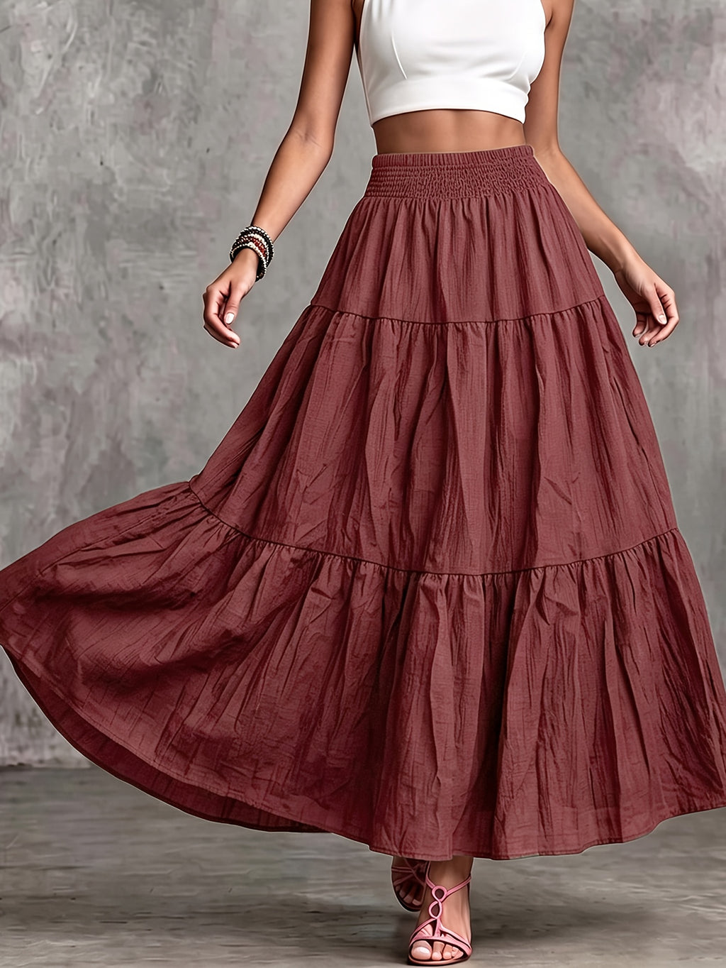 Women's Autumn Casual and Elegant Elastic Waistband Drawstring Skirt, Soft and Comfortable with a Pleated Texture, Made of -Linen Fabric - Red