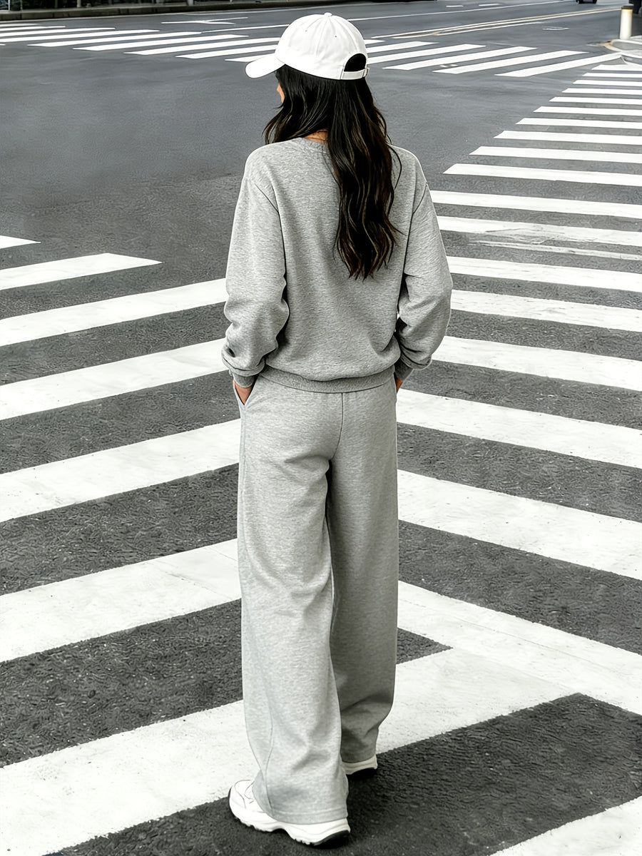 Autumn/Winter New Season 2pcs Pioneer Geometric Zebra V-Neck Sweatshirt + Clean Straight-Leg Pants Set, Niche Streetwear Style Outfit - Light Gray + Light Gray